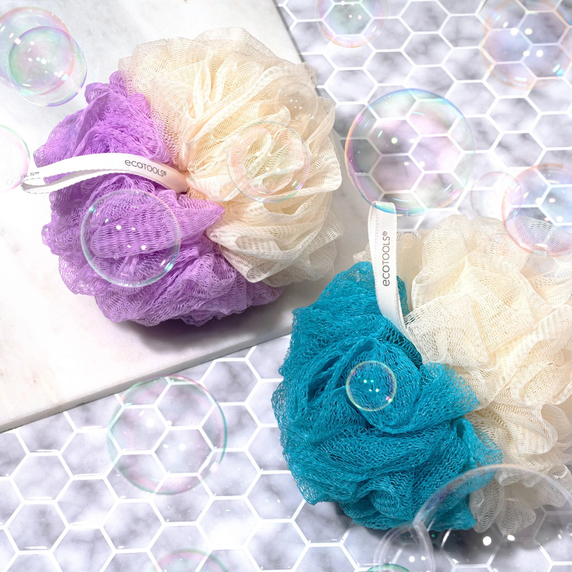 (3 Pack)  2-In-1 Bath Pouf, Body Cleansing Blue & Cream Loofah, for Adults,1 Count