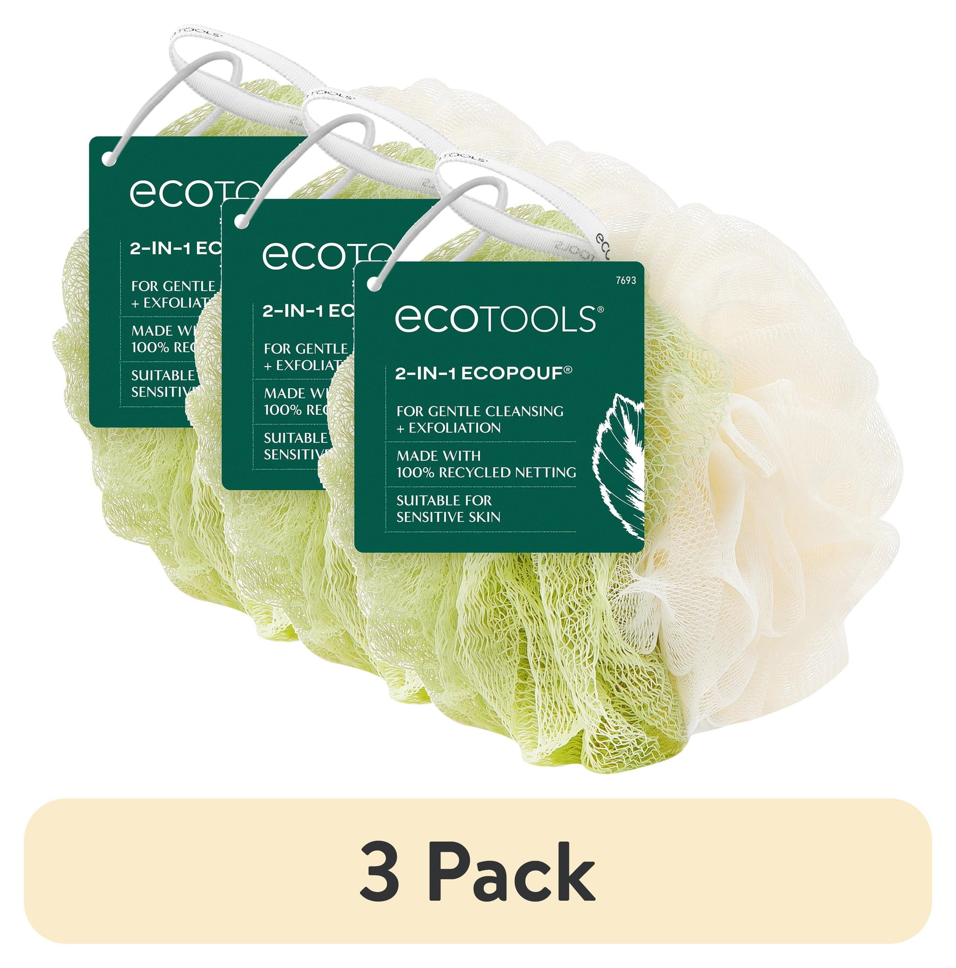 (3 Pack)  2-In-1 Bath Pouf for Whole-Body Cleansing, Green & Cream Loofah, for Adults 1 Count