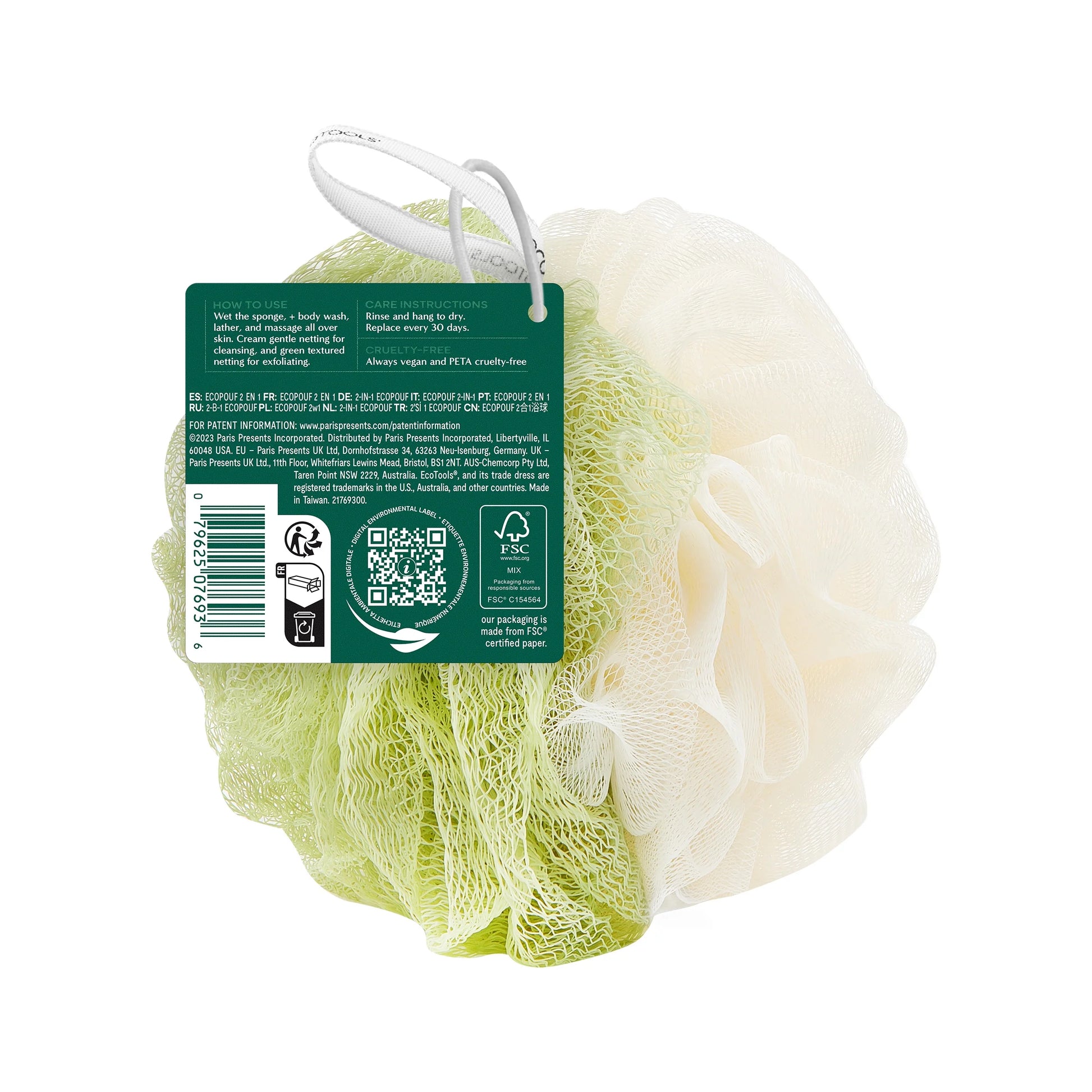 (3 Pack)  2-In-1 Bath Pouf for Whole-Body Cleansing, Green & Cream Loofah, for Adults 1 Count
