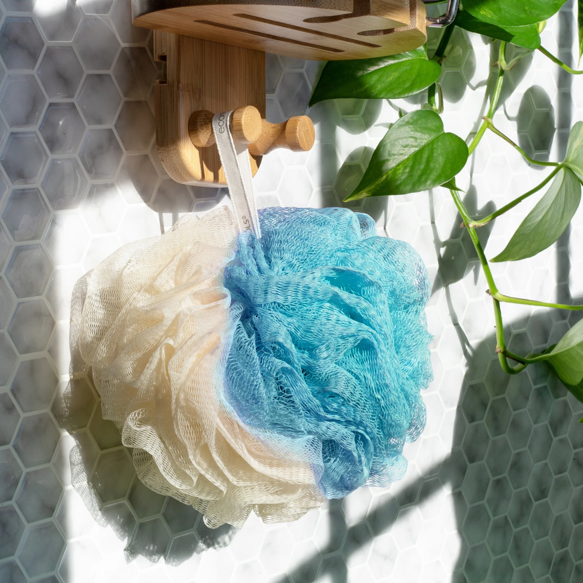 (3 Pack)  2-In-1 Bath Pouf, Body Cleansing Blue & Cream Loofah, for Adults,1 Count