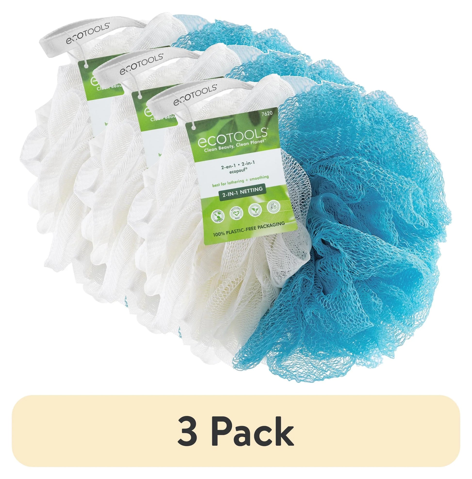 (3 Pack)  2-In-1 Bath Pouf, Body Cleansing Blue & Cream Loofah, for Adults,1 Count