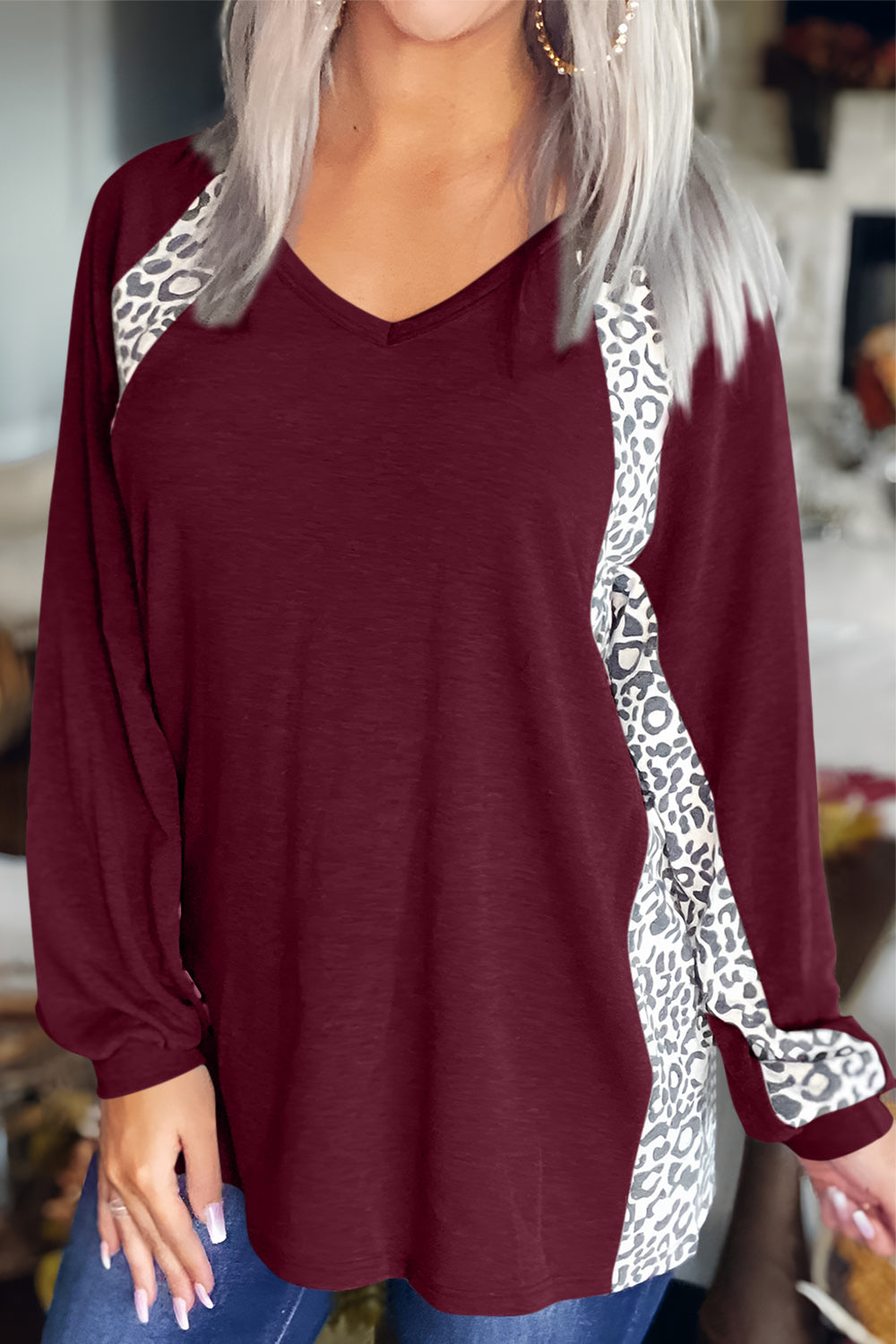 Full Size Leopard V-Neck Long Sleeve T-Shirt