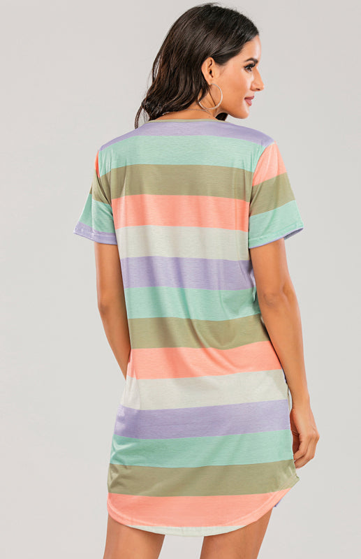 Women's Short Sleeve Rainbow Striped Loose T-Shirt Pyjama Sets