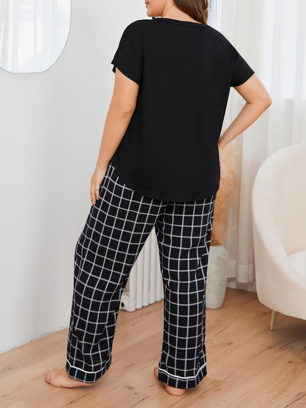 Plus size women's V-neck short-sleeved T-shirt plaid trousers home pajamas set