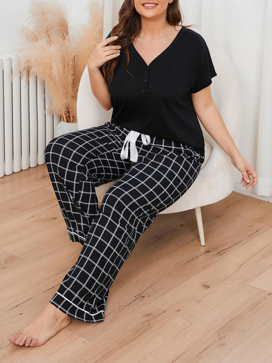 Plus size women's V-neck short-sleeved T-shirt plaid trousers home pajamas set