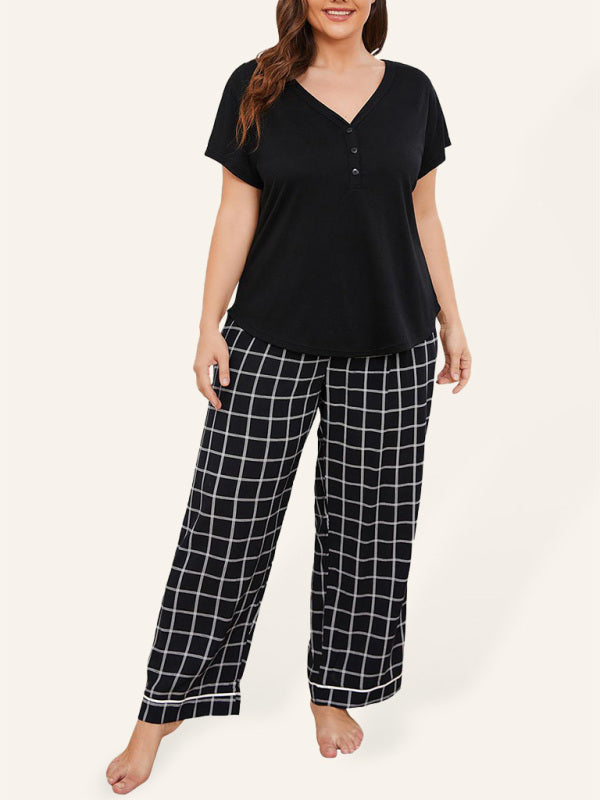 Plus size women's V-neck short-sleeved T-shirt plaid trousers home pajamas set