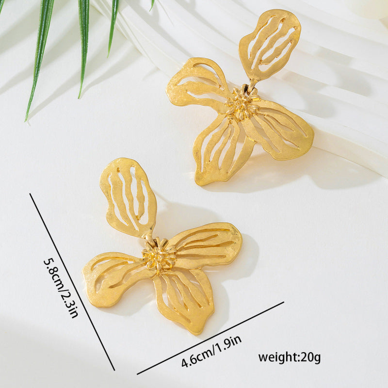 New Metal Hollow Leaf Shape Flower Gold Earrings