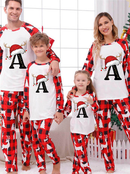 Christmas Parent-Child Pajama Set Santa Hat Alphabet Printed Loungewear (A-Z letters are optional)