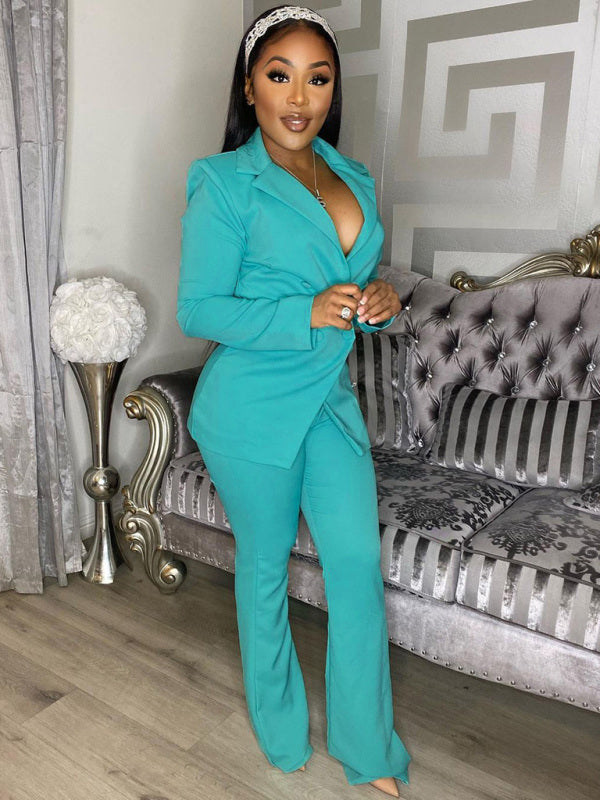 Elegant Double-Breasted Flared Pantsuit