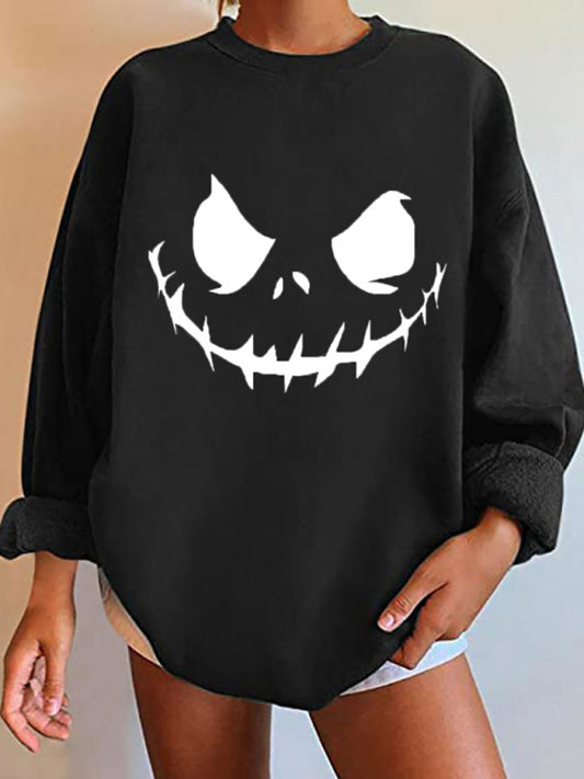 Casual Skull Print Drop Shoulder Knit Hoodie