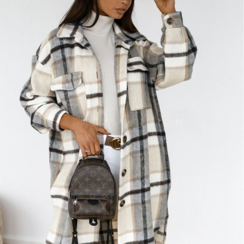 Spring and autumn new women's long-sleeved plaid print mid-length shirt coat