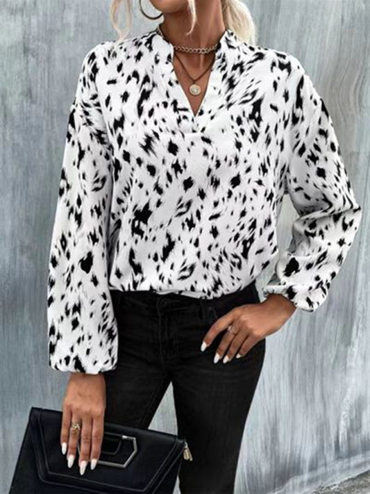 Women's leopard print full-print V-neck long-sleeved blouse