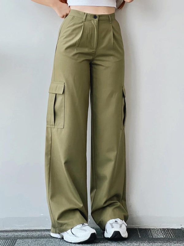 Versatile casual pants, mid-rise three-dimensional pocket trousers, waist-cinching overalls