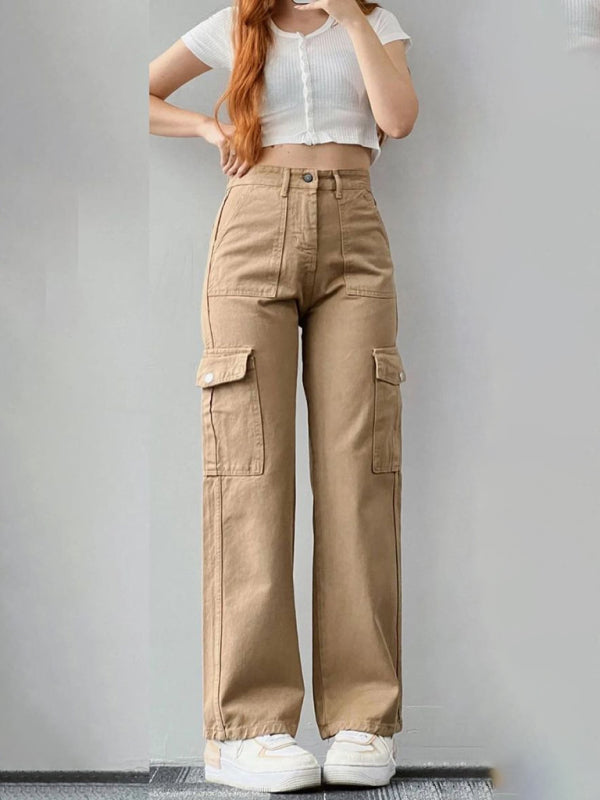 Versatile casual pants, mid-rise three-dimensional pocket trousers, waist-cinching overalls