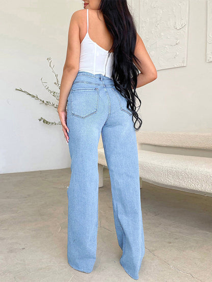 Women's long high waist ripped raw edge comfortable wide leg jeans