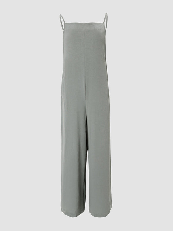 New women's solid color suspender jumpsuit wide leg pants