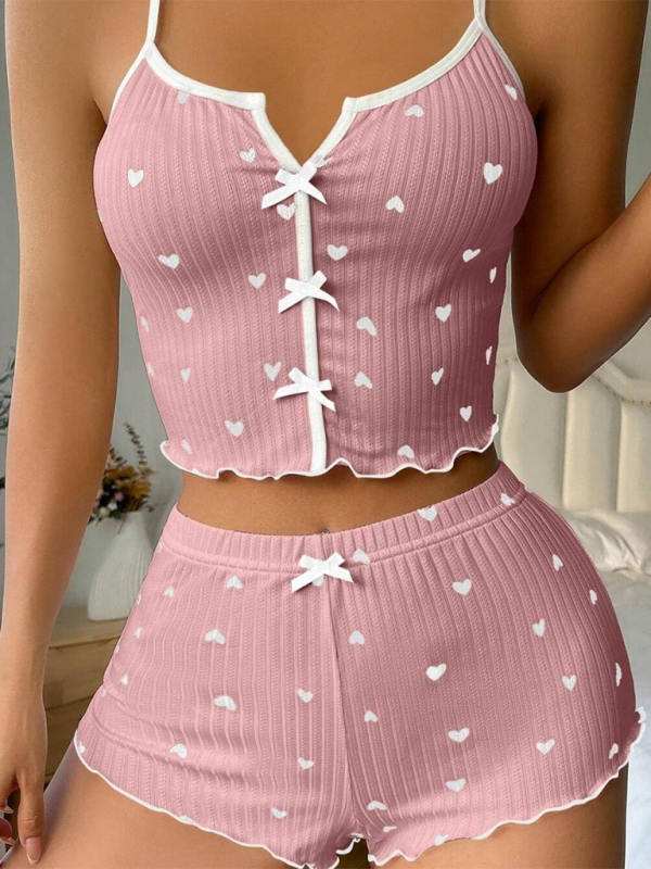 Heart Printed Color Clashing Homewear Front Split Sling Sexy Pajama Set