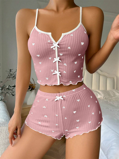 Heart Printed Color Clashing Homewear Front Split Sling Sexy Pajama Set